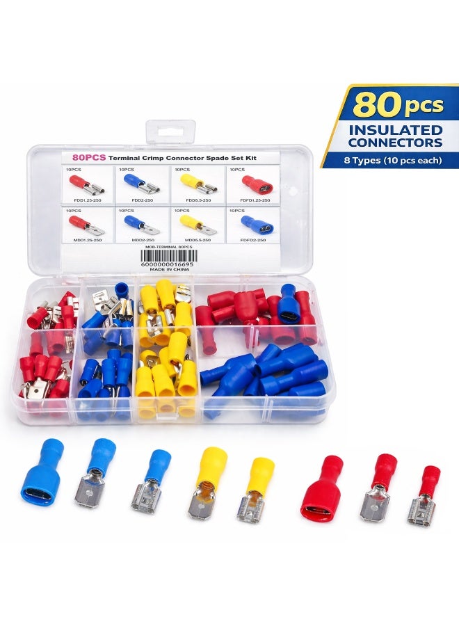 موب مجموعة موصلات طرفية معزولة من نوع Spade مكونة من 80 قطعة، مجموعة موصلات أسلاك سريعة الفصل من الذكر والأنثى، تشكيلة من أطراف التوصيل الكهربائية النحاسية المطلية بالبلاستيك PVC، 8 أنواع، 10 قطع من كل نوع، لتوصيلات أسلاك السيارات، وإصلاحات الكهرباء المنزلية - Image 1